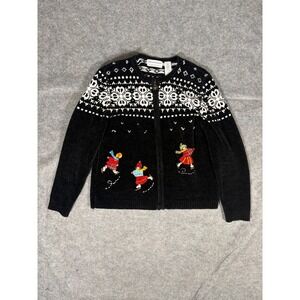 Alfred Dunner Women's Petite Black Zip Up Cardigan Sweater Ice Skaters Snowflake
